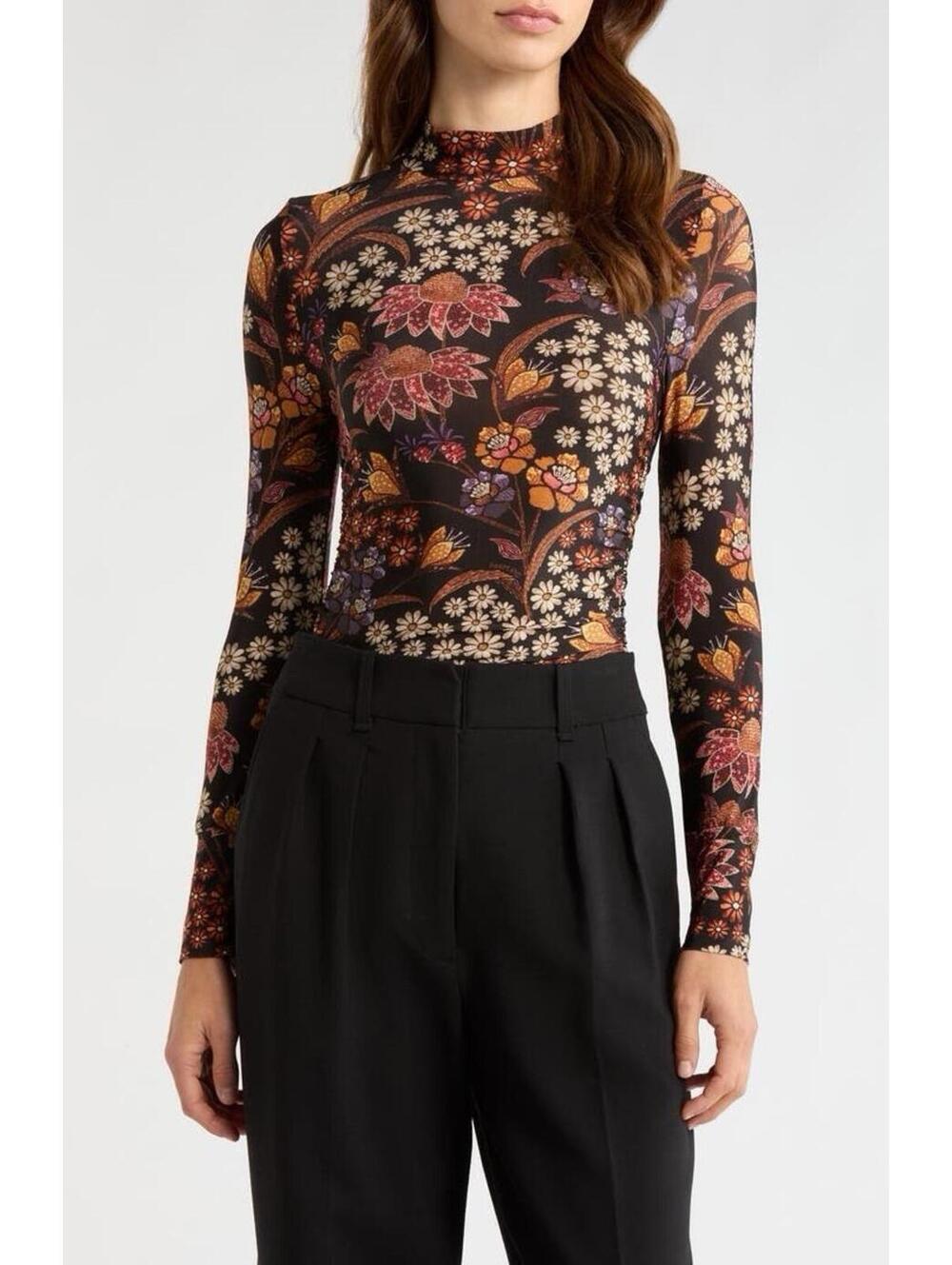 New FARM Rio Lili Mock Neck Jersey Top In Black Brown Multi Size L $120